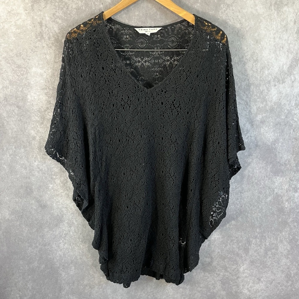 Trina Turk Crochet Lace Poncho Women Small Black V-Neck Cotton Dolman TD131542